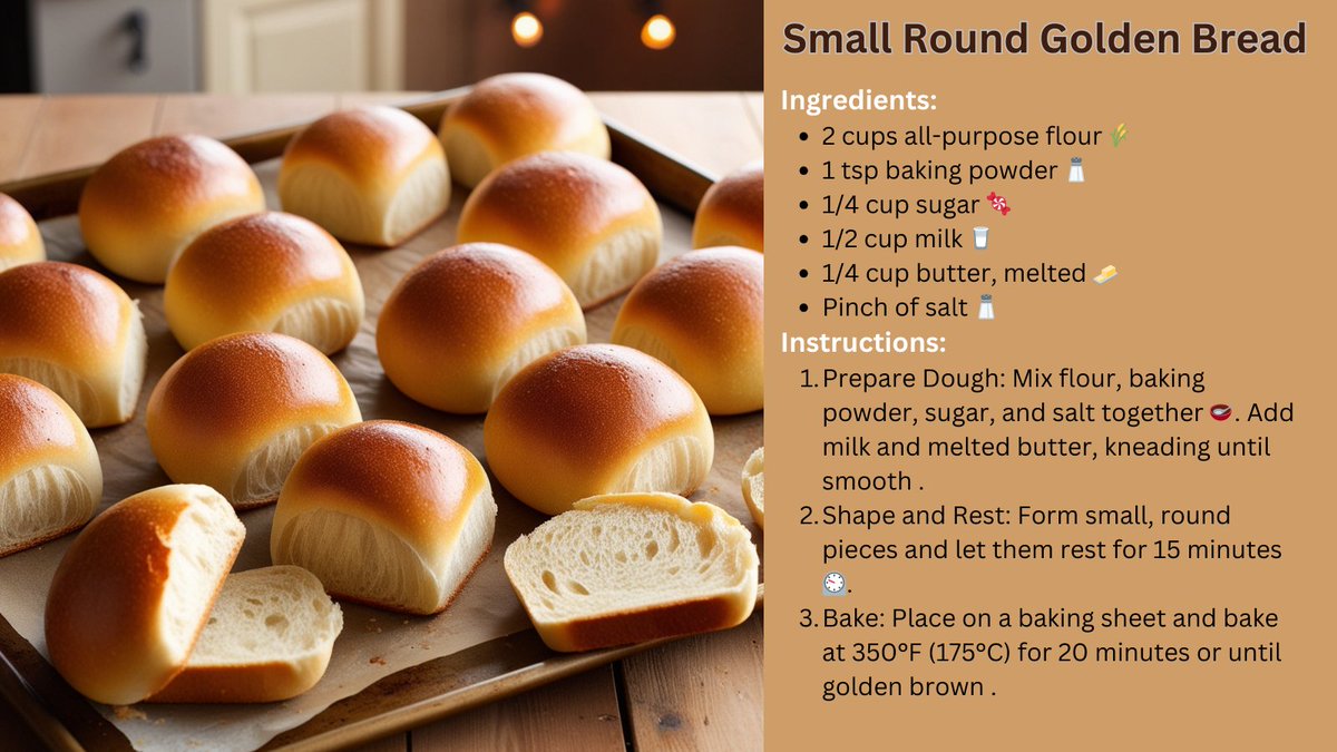 FreakRecipes's tweet photo. These small, golden bread rolls are the perfect combination of sweetness and fluffiness. Freshly baked, they add a delightful touch to any meal.
#GoldenBread #HomemadeBread #BakingJoy #FreshBread #BreadLovers #FluffyBread #EasyBaking https://t.co/ZjIMM1sgbb