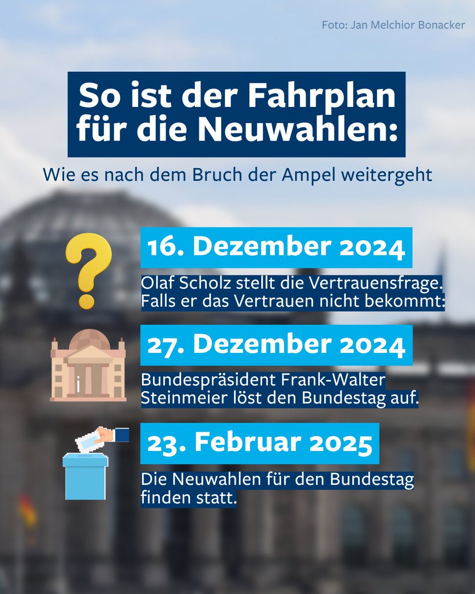 Nach dem #AmpelAus steht jetzt der Fahrplan für mögliche #Neuwahlen fest.

- Zunächst muss Bundeskanzler Olaf #Scholz die Vertrauensfrage stellen.
- Wenn er das Vertrauen nicht bekommt, löst der Bundespräsident den Bundestag auf.
- Dann würde es im Februar Neuwahlen geben.