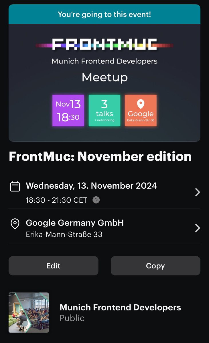 FrontMuc's tweet image. 🔥After updating RSVP we got a couple of free spots today. Be fast!🚀

Join me at FrontMuc: November edition meetu.ps/e/NzW8z/hxD5j/i