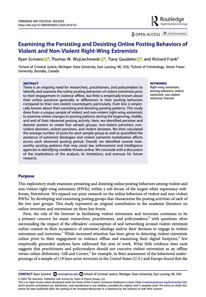 R_Scrivens's tweet image. What do violent &amp;amp; nonviolent extremists post as they persist or desist in online behavior - do they become more extreme or moderate? Do they mobilize others to extremism or renounce their extremist views?

Read our latest in @terpolv which is #openaccess: tandfonline.com/doi/full/10.10…