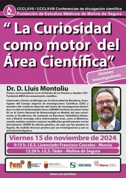 🔬 <a href="/FemMolinaSegura/">Fem</a> organiza la conferencia ‘La curiosidad como motor del área científica’, a cargo de Lluís Montoliu, el viernes 15 de noviembre.

🕧 El acto se celebra a las 12.30 horas, en el <a href="/iesvegadeltader/">IES Vega del Táder</a>, dirigido a jóvenes investigadores.

portal.molinadesegura.es/la-fundacion-d…