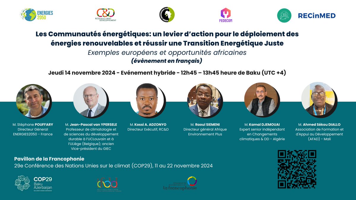Rejoignez nous un événement parallèle de la
<a href="/COP29_AZ/">COP29 Azerbaijan</a> coorganisé par <a href="/ENERGIES2050/">ENERGIES2050</a>, <a href="/ClimatDev/">Réseau Climat & Développement - RC&D</a>, <a href="/plus_afrique/">Afrique Environnement Plus</a> avec la participation des projets <a href="/FEDECOM_project/">FEDECOM project</a> et #RECinMED

🗓 14 nov 2024, 12h45 – 13h45 (heure de Baku - UTC +4)
🔗 Lien d’inscription : lnkd.in/eQ5CtKW8