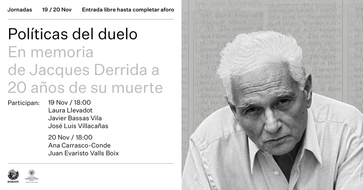 En memoria de Jacques Derrida 🤍

'Políticas del duelo' es el homenaje a los 20 años de la muerte del filósofo francés que organizamos con <a href="/unicomplutense/">Complutense</a>. 

En estas jornadas queremos constatar que su obra sigue más viva y vigente que nunca. 

🔗 acortar.link/n4P34N