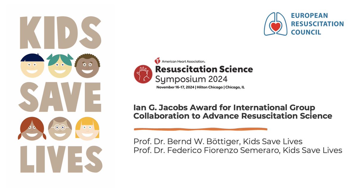 ERC_resus's tweet photo. โจ Proud moment! Kids Save Lives, led by Prof. Dr. Bernd W. Bรถttiger and Dr. Federico Semeraro, has won the 2024 Ian G. Jacobs Award for advancing #ResuscitationScience through global collaboration will be presented by @American_Heart during #ReSS2024 in Chicago on Nov. 16. ๐๐
The ERC is proud of this achievement!
#KidsSaveLives #ERC #savelives #StrongerTogether