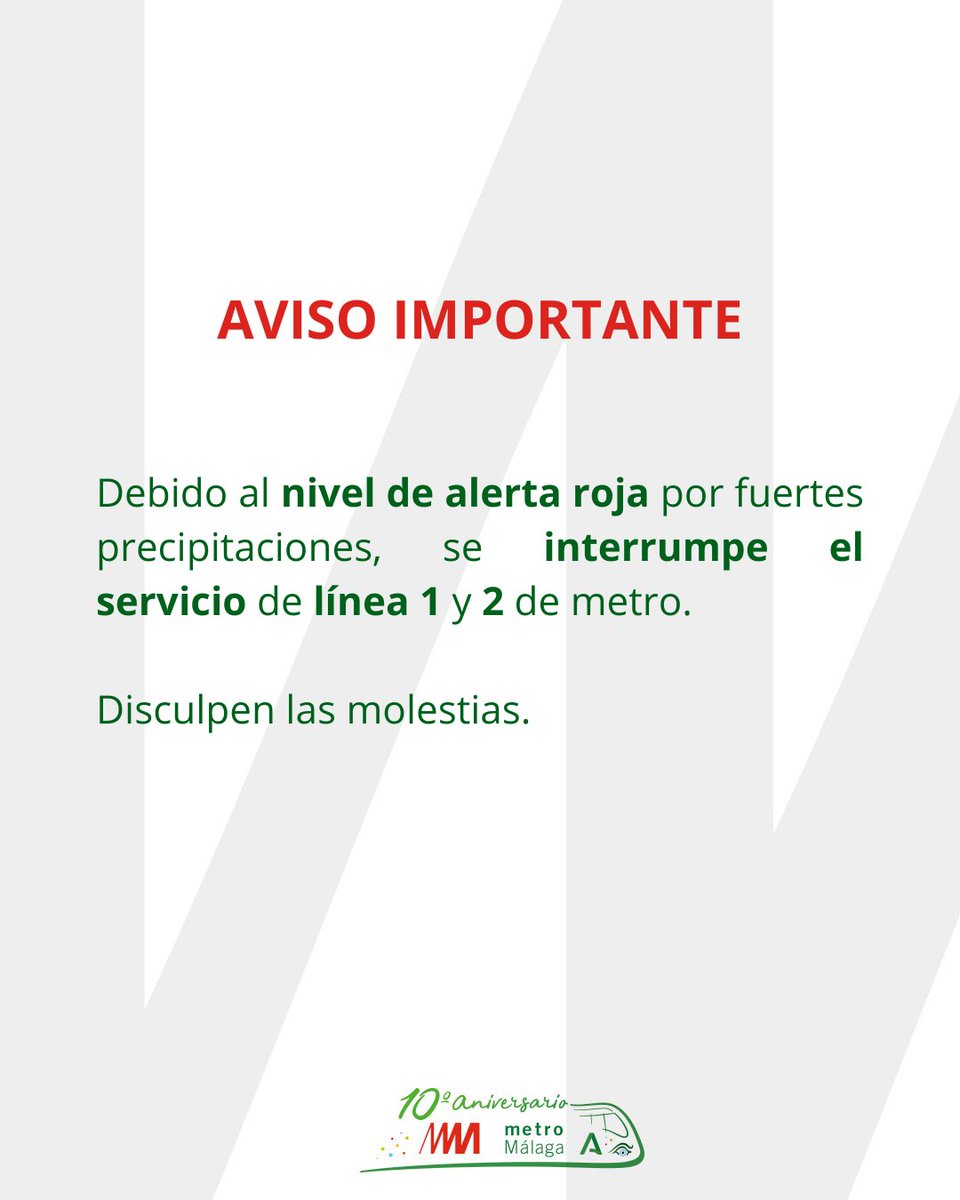 metromlgoficial's tweet image. Debido al nivel de alerta roja por fuertes precipitaciones, se interrumpe el servicio de línea 1 y 2 de metro.

Disculpen las molestias.

#metromálaga #metrodemálaga #metro #málaga