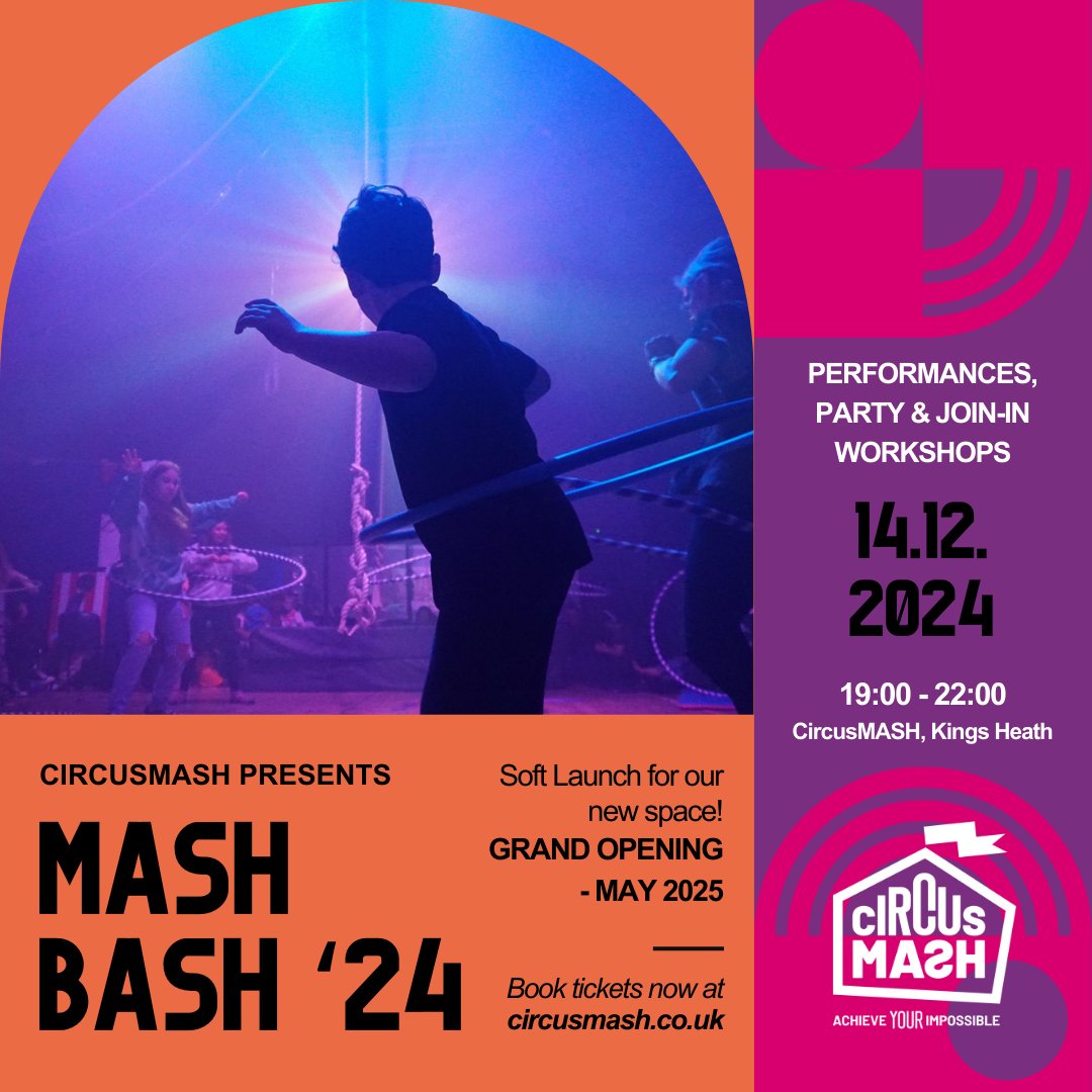 CircusMASH's tweet image. 🎪✨ MASH Bash 2024 is coming! Performances, party vibes, &amp;amp; join-in workshops await! 🎉

📅 14th December 2024
🕖 7pm – 10pm
🎟️ Adults £6 / Youths £5

Book now on our website!
🔗 circusmash.co.uk/shows/#mash-ba…

#WhatsOnBrum #CircusMASH #MASHBash #CircusLife