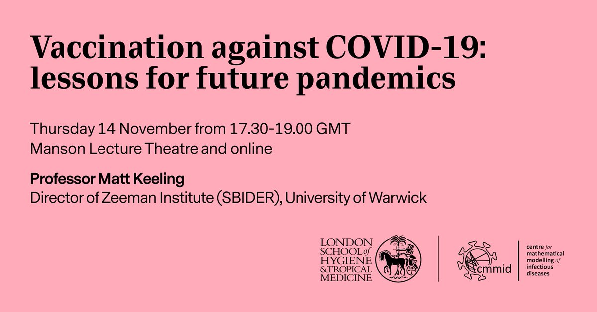 🚨 Don't forget about our annual lecture tomorrow

💉 Prof Matt Keeling will talk about the deployment and roll-out of COVID-19 vaccines, and what we can learn from it for future pandemics

🗓️ Thursday 14 November
🕰️ 17:30 BST
📍 Online | LSHTM

Details ⬇️
lshtm.ac.uk/newsevents/eve…