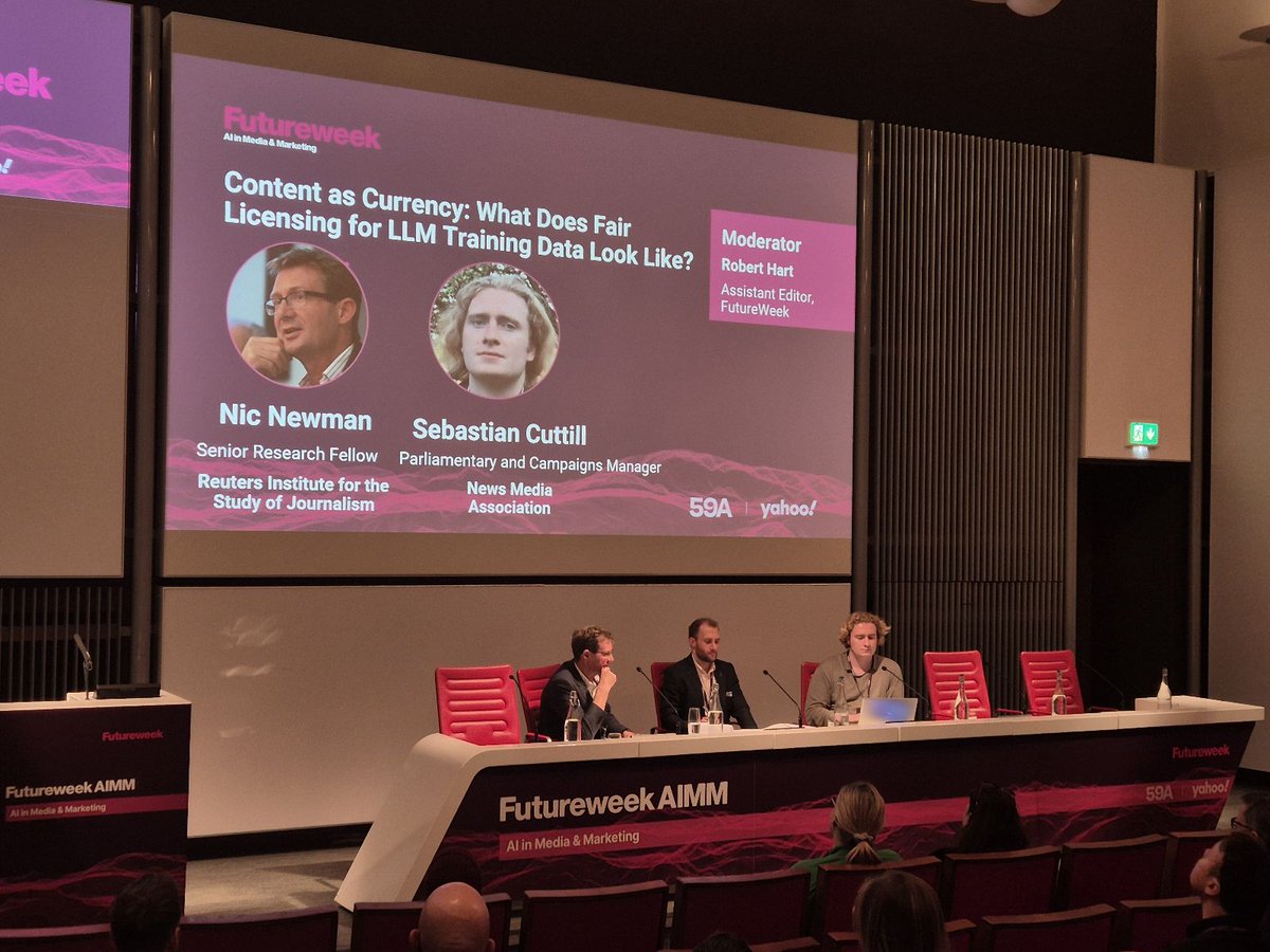videoweek's tweet image. What does fair licensing for LLM training data look like? Nic Newman, @risj_oxford and Sebastian Cuttill, @newsmediaorg discussed this at FutureWeekAIMM.

#FWAIMM24 #FutureWeekAIMM #Media #AI #Advertising