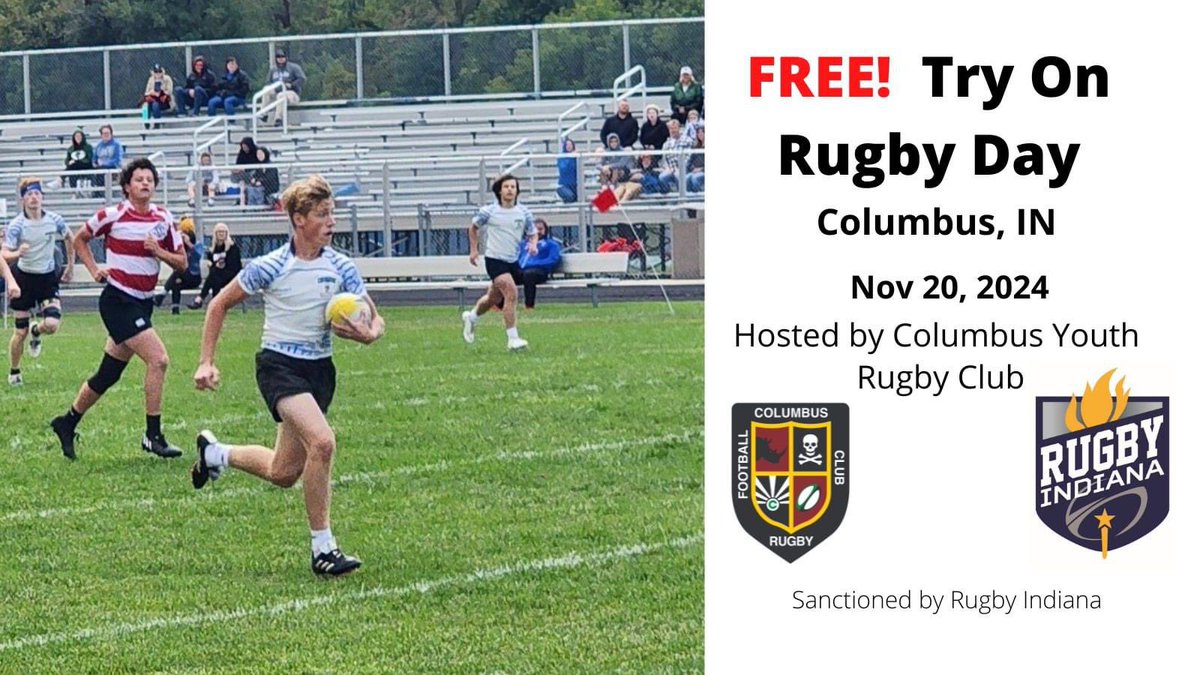 FREE - Try On Rugby, Open to Boys in grades 9 through 12. Pre-Registration is required.

Come learn about rugby, learn about the Columbus Youth Rugby Club, and have fun!

Register here: rugbyindiana.com/events/free-tr…