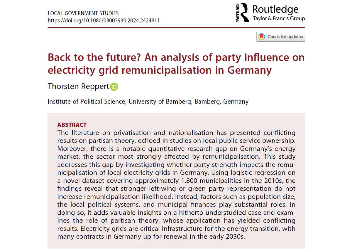 reppert_polsci's tweet photo. 📢 PUBLICATION ALERT
Excited to share my latest research paper with @LGStudies: https://t.co/EloGA2NLOL

#EnergyTransition #Remunicipalisation #Research (1/7) 🌱⚡ https://t.co/MdkxogFsQh