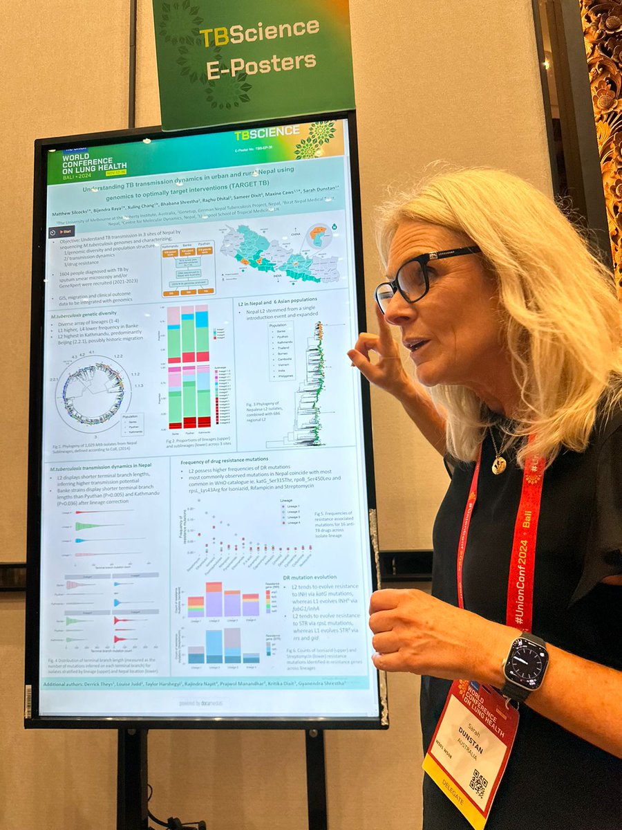 BiratNepal's tweet photo. Here’s a glimpse of @SarahJDunstan1 engaging with the audience during our #TARGETTB project presentation! Exciting discussions on TB transmission dynamics in urban &amp; rural Nepal using genomics. #EndTB #UnionConference https://t.co/drp3xUB3wP