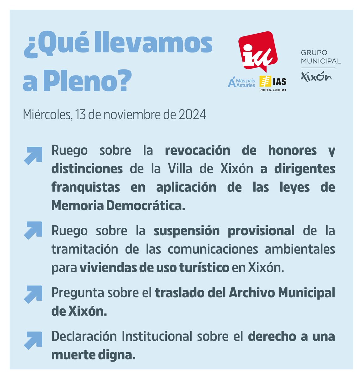 👇🏻 ¿Qué llevamos hoy a #plenogijon? 

🔻Memoria Democrática 

🔑 Vivienda de uso turístico 

📦 Traslado del Archivo Municipal 

✨ Derecho a una muerte digna.