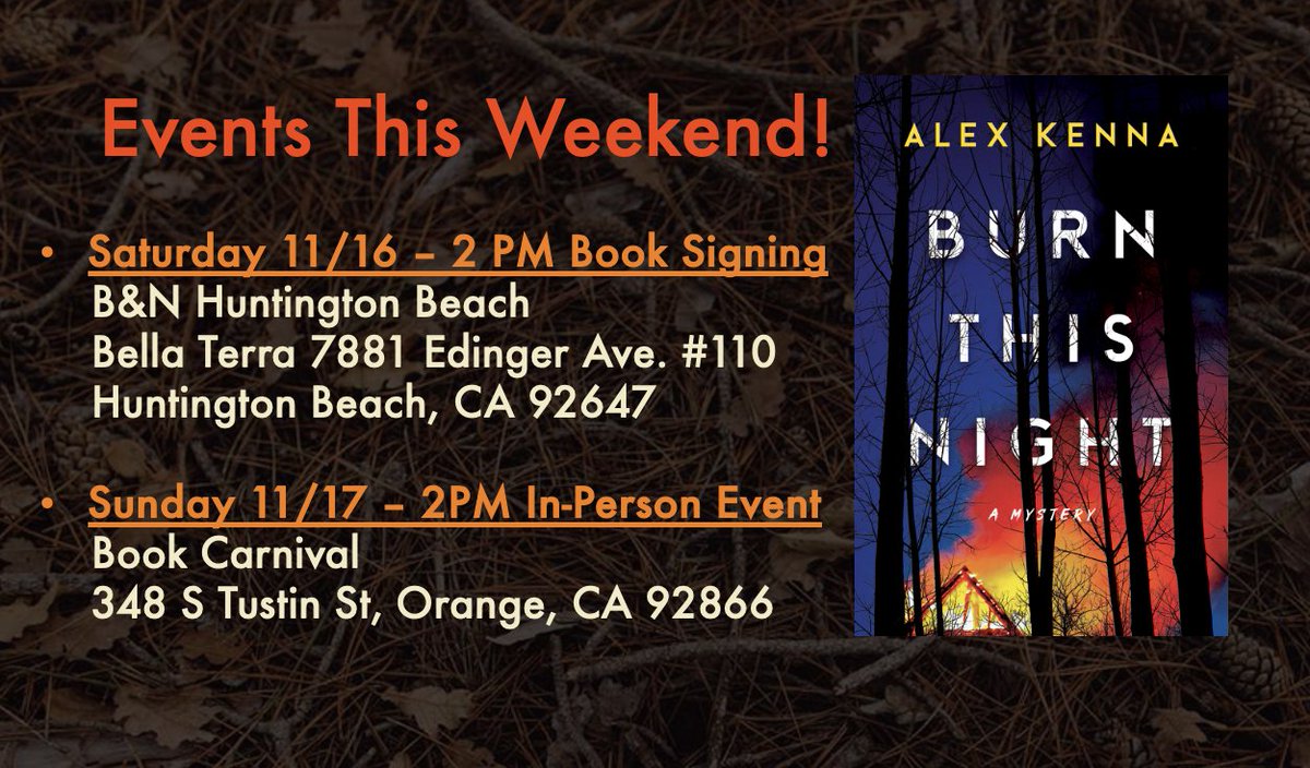 Alex Kenna (@alexkenna9) on Twitter photo Come join me this weekend!
Saturday - I'll be signing copies of Burn This Night at the Huntington Beach Barnes & Noble <a href="/BNEvents_HB/">B&N Huntington Beach</a>
stores.barnesandnoble.com/event/97800621…
Sunday, I'll be at Book Carnival for an in-person event
annesbookcarnival.com/events/ Come join me this weekend!
Saturday - I'll be signing copies of Burn This Night at the Huntington Beach Barnes & Noble <a href="/BNEvents_HB/">B&N Huntington Beach</a>
stores.barnesandnoble.com/event/97800621…
Sunday, I'll be at Book Carnival for an in-person event
annesbookcarnival.com/events/