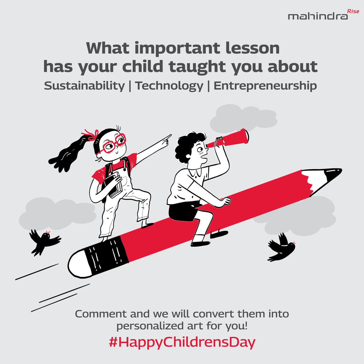 MahindraRise's tweet photo. We teach our kids a lot, but they teach us even more – from caring for the planet to mastering tech and embracing entrepreneurship. 

This Children's Day, share real moments where you've learned from your child, and we’ll illustrate them!

#TogetherWeRise #CitizensOfTomorrow #ChildrensDay