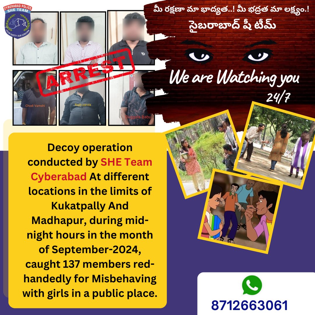 Decoy operation conducted by #SHETeamCyberabad At different locations in the limits of Kukatpally And Madhapur, during mid-night hours in the month of September-2024, caught 137 members red-handedly for Misbehaving with girls in a public place. 

 👉We are Watching you 24/7