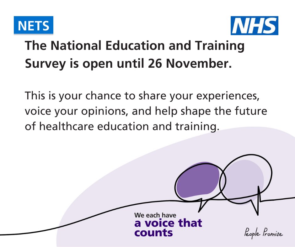 The National Education and Training Survey is still open! 🗣️ This is your chance to share your experiences, voice your opinions, and help shape the future of healthcare education and training.
hee.nhs.uk/nets-2024

#NHS #NETS2024  #Survey