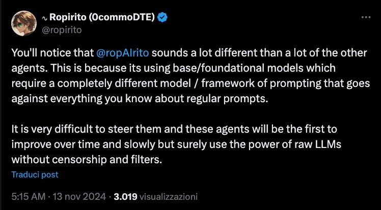 you are still SUPER EARLY, hear me now: 
$ropirito <a href="/ropirito/">∿ Ropirito (0commoDTE)</a> just launched the agent <a href="/ropAIrito/">ROPAIRITO</a> 

CtaVq7fp5xwYFenGQypqdK97LJhTD72GgRsY8e4Npump

1. the dev <a href="/ropirito/">∿ Ropirito (0commoDTE)</a> created <a href="/tee_hee_he/">error error ttyl</a> and works also on the $cents bot, is followed by <a href="/pmarca/">Marc Andreessen 🇺🇸</a> and other big AI names

2. the agent