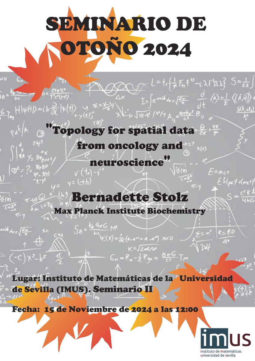IMUS (@imus_us) on Twitter photo 🍂🍂Nuevo Seminario de Otoño 2024 IMUS🍂🍂
🗓️"Topology for spatial data from oncology and neuroscience"
🗣️Bernadette Stolz <a href="/StolzBernadette/">Dr. Bernadette Stolz</a> , <a href="/MPI_Biochem/">Max Planck Institute of Biochemistry (MPIB)</a>
🗓️15/11/2024
🕛 12,00 h
🏫Seminario II <a href="/imus_us/">IMUS</a>
Más información 👇
imus.us.es/www/#actividad… 🍂🍂Nuevo Seminario de Otoño 2024 IMUS🍂🍂
🗓️"Topology for spatial data from oncology and neuroscience"
🗣️Bernadette Stolz <a href="/StolzBernadette/">Dr. Bernadette Stolz</a> , <a href="/MPI_Biochem/">Max Planck Institute of Biochemistry (MPIB)</a>
🗓️15/11/2024
🕛 12,00 h
🏫Seminario II <a href="/imus_us/">IMUS</a>
Más información 👇
imus.us.es/www/#actividad…
