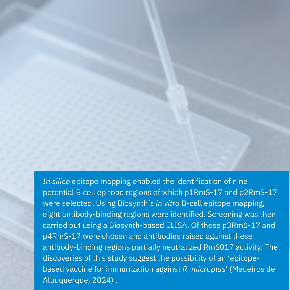 BiosynthGroup's tweet image. Part 3/4 Biosynth&apos;s #epitopemapping was used to identify promising #epitopes for use in an epitope-based #vaccine  to combat #Rhipicephalusmicroplus, a tick that is a current threat to worldwide livestock. Read the paper in full t.ly/xDfw3