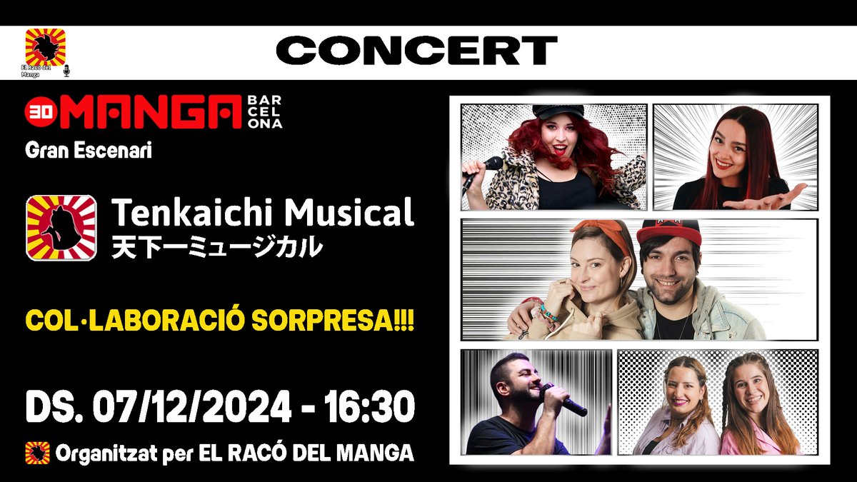 RacoManga's tweet photo. 🕖 Dissabte 7 / 16:30
🔊 Gran Escenari

CONCERT #TenkaichiMusical. Covers d’anime en #català. COL•LABORACIÓ SORPRESA!!!

Amb @AiDeturckMusic @JerryBrownMusic @Aventuraxjapo @younenki_music i @eliaPeriwinkle https://t.co/1xVZqz70rD