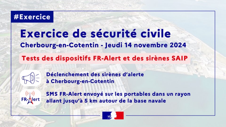 #ExercicePPICherbourg2024
Dans la journée du jeudi 14 novembre un exercice de sécurité civile est organisé autour de la base navale de #Cherbourg :
🔊 Des sirènes vont être déclenchées sur la commune de Cherbourg-en-Cotentin.