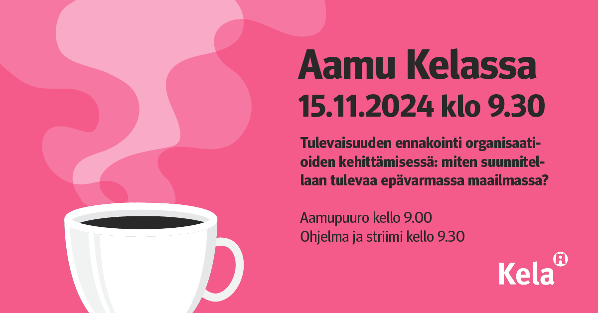 Vielä ehdit mukaan! 📣 Marraskuun Aamu Kelassa -tilaisuudessa syvennymme siihen, miten strategisen ennakoinnin avulla tuetaan organisaatioiden uudistumista ja palveluiden kehittämistä.

Ilmoittautuminen on auki 13.11. klo 16 asti👇
kela.fi/ajankohtaista/…