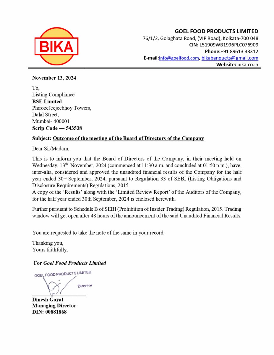 nileshkurhade's tweet photo. 📌 Goel Food Products Ltd informed the exchange about its approval for the financial results for the half year ended September 30, 2024. #SME #GOEL 📄🧾 https://t.co/6XtVmrp8PD