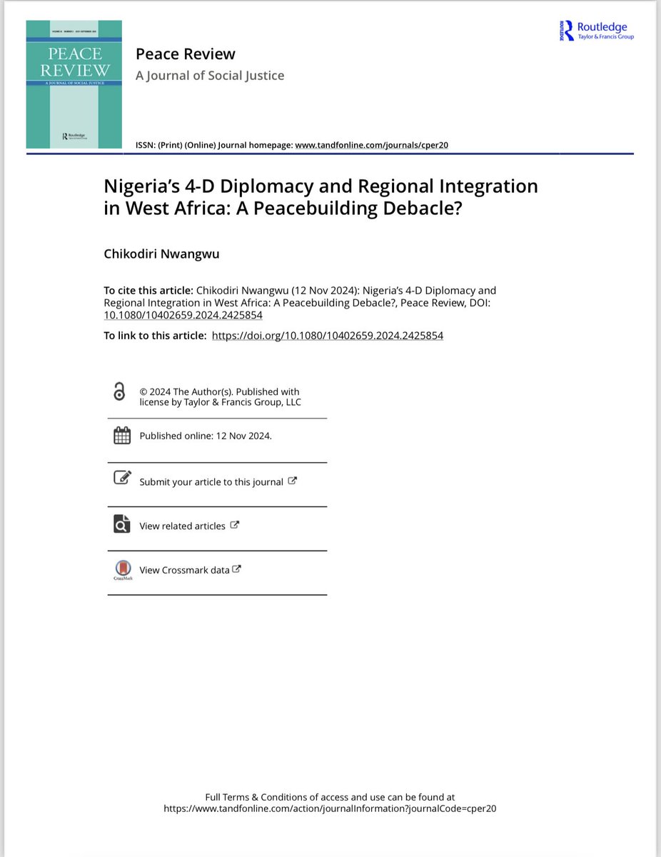 JOURNAL ARTICLE | NIGERIA’S 4-D DIPLOMACY AND REGIONAL INTEGRATION IN WEST AFRICA 

Dr Chikodiri Nwangwu’s published journal article with Peace Review.

The paper unpacks how the shift in Nigeria’s foreign policy stance has affected regional integration in West Africa.