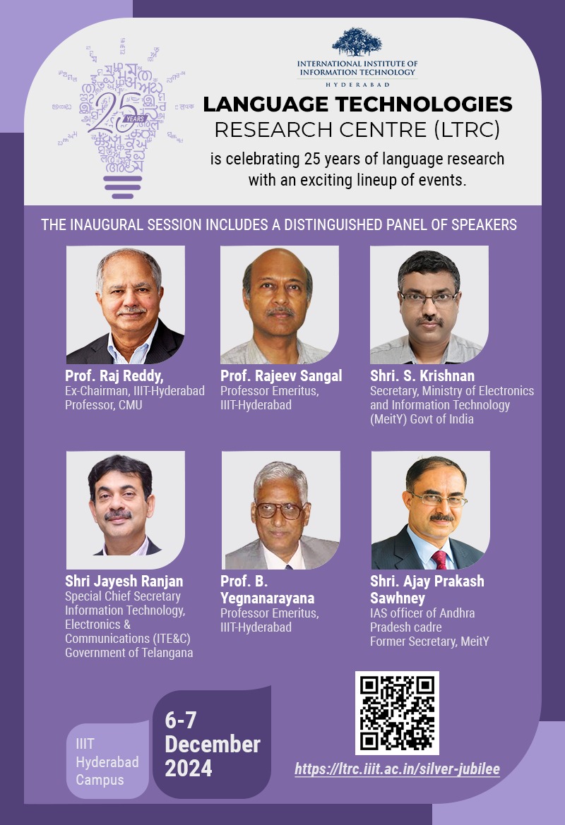 IIITH’s Language Technologies Research Centre (LTRC) is celebrating 25 years of language research with an exciting lineup of events. The inaugural session includes a distinguished panel of speakers. Details at ltrc.iiit.ac.in/silver-jubilee/