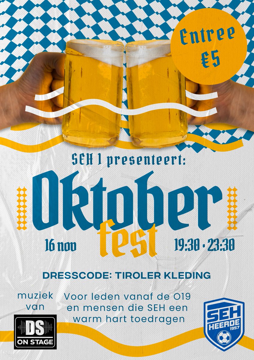 💙🤍REMINDER! SEH 1 presenteert a.s. zaterdagavond: Oktoberfest! 🍻

De organisatie heeft ook een special guest aangekondigd 🎤! Verder het verzoek om i.v.m. het Rad van Avontuur contant geld mee te nemen. Tot dan!

Meer info @ vvseh.nl/seh-1-presente… 

#feest #heerde #wijzijnseh