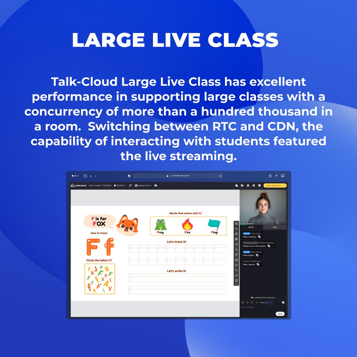 ☁️Talk-Cloud Large Live Class has excellent performance in supporting large classes with a concurrency of more than a hundred thousand in a room. Switching between RTC and CDN, the capability of interacting with students featured the live streaming.