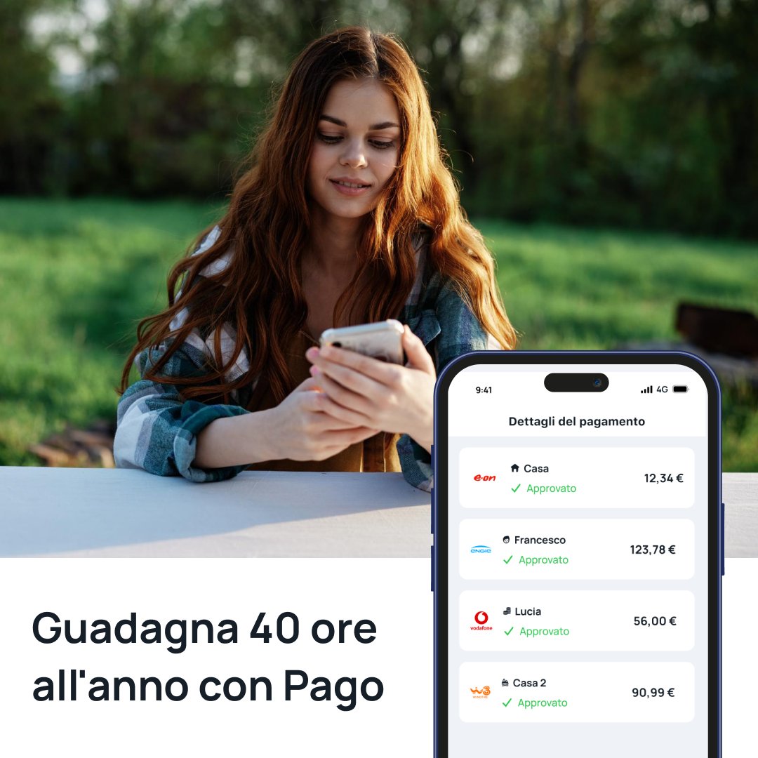 Immagina cosa puoi fare con ⏳ 40 ore in più all'anno: dedicarti ai tuoi hobby, trascorrere più tempo con la famiglia o semplicemente rilassarti.

 L'app ti permette di pagare tutte le tue bollette in pochi clic, ovunque tu sia, senza dover fare lunghe code o gestire documenti