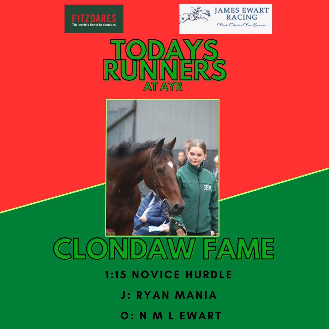 We have one runner heading up to Ayr today, CLONDAW FAME. 🌟

Fame makes his racecourse debut, in the 1:15 novice hurdle under the guidance of Ryan Mania. 🏇🏻 

Best of luck to connections. 🤞🏼☘️