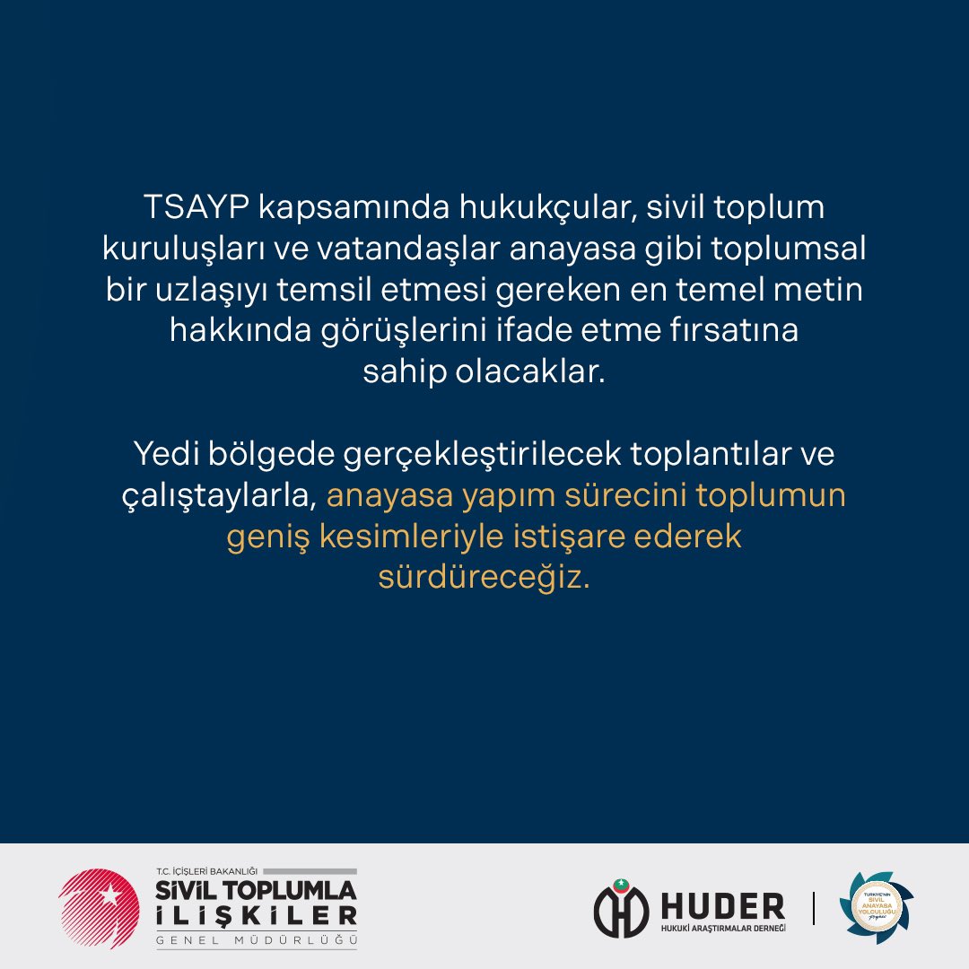 trsivilanayasa's tweet photo. Türkiye’nin Sivil Anayasa Yolculuğu Projesi ( #tsay ) ile anayasa yapım sürecini şeffaf ve katılımcı bir yaklaşımla sürdürüyoruz.
Halkın, hukukçuların ve STK’ların sesiyle sivil bir anayasa inşa etmeyi hedefliyoruz.
Bu yolda, yedi bölgede toplumsal uzlaşı için buluşuyoruz.👇🏻 https://t.co/mxWYp2bxnI