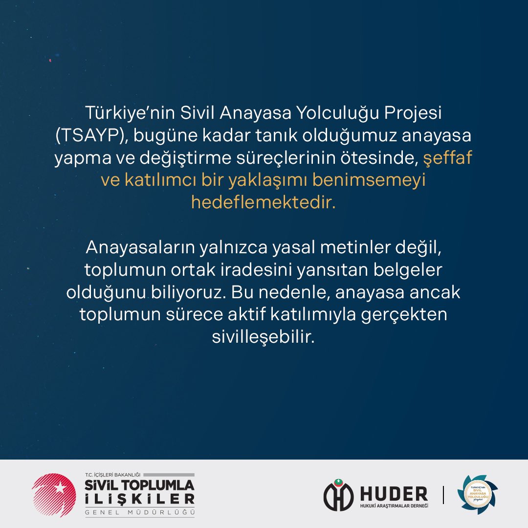 trsivilanayasa's tweet photo. Türkiye’nin Sivil Anayasa Yolculuğu Projesi ( #tsay ) ile anayasa yapım sürecini şeffaf ve katılımcı bir yaklaşımla sürdürüyoruz.
Halkın, hukukçuların ve STK’ların sesiyle sivil bir anayasa inşa etmeyi hedefliyoruz.
Bu yolda, yedi bölgede toplumsal uzlaşı için buluşuyoruz.👇🏻 https://t.co/mxWYp2bxnI