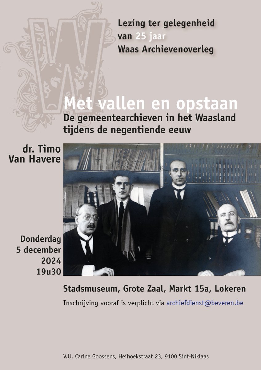 TimoVanHavere's tweet photo. 25 jaar geleden werd het Waas Archievenoverleg opgericht. Om dat te vieren, geef ik op 5 december een lezing over de 19de-eeuwse archiefgeschiedenis van het Waasland.

Het wordt vast een fijne avond - ik kijk er in ieder geval naar uit! https://t.co/tlH3OGxTZT