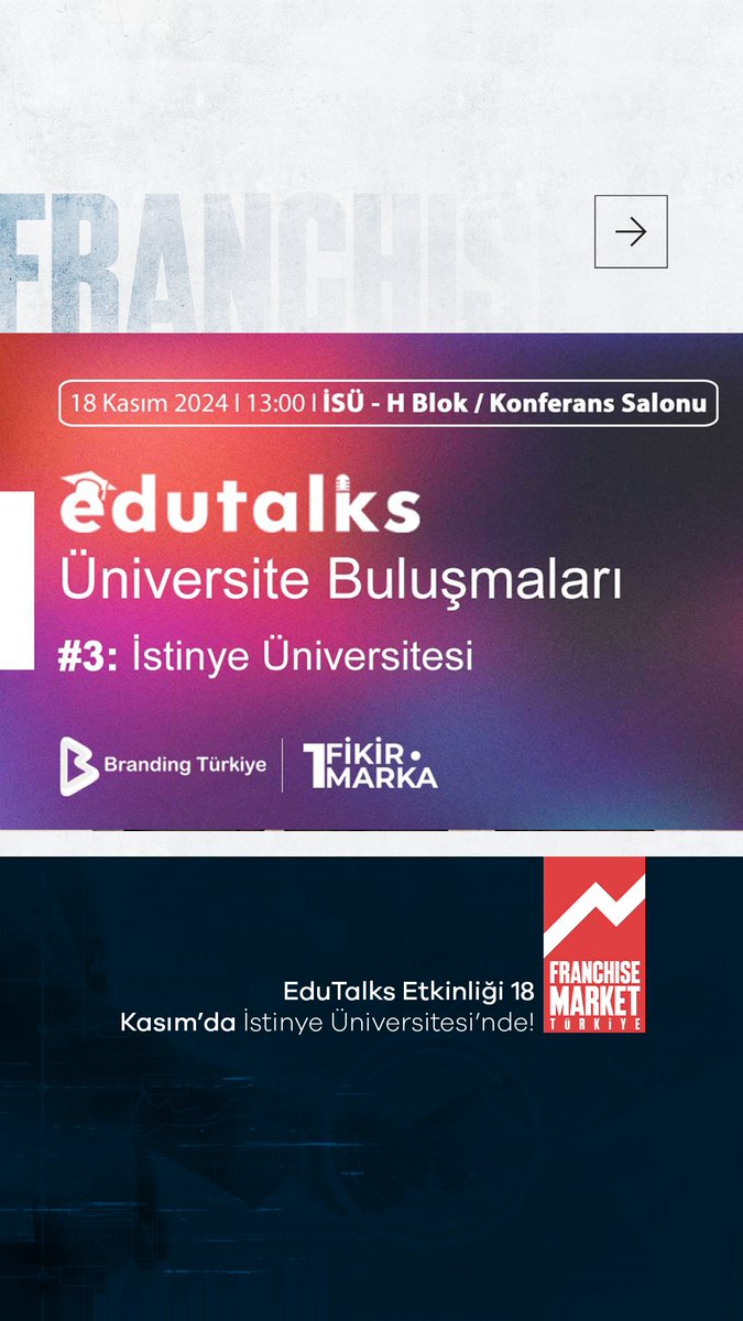 Franchise_MTR's tweet photo. EduTalks Etkinliği 18 Kasım’da İstinye Üniversitesi’nde!⤵️
@BrandingTR_  

https://t.co/0rBouZNmhc

#etkinlik #edutalks #etkinlik #sektör #kontenjan #üniversite #ücretsiz https://t.co/3lOVcwMsVZ