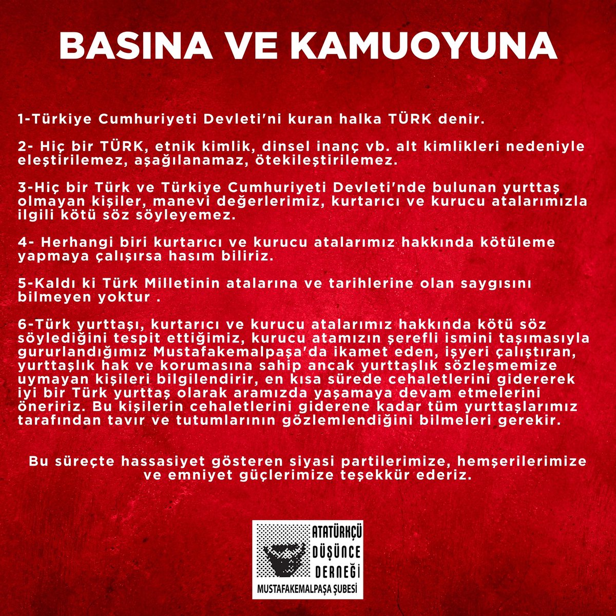 Basına ve Kamuoyuna 
#addmustafakemalpaşa