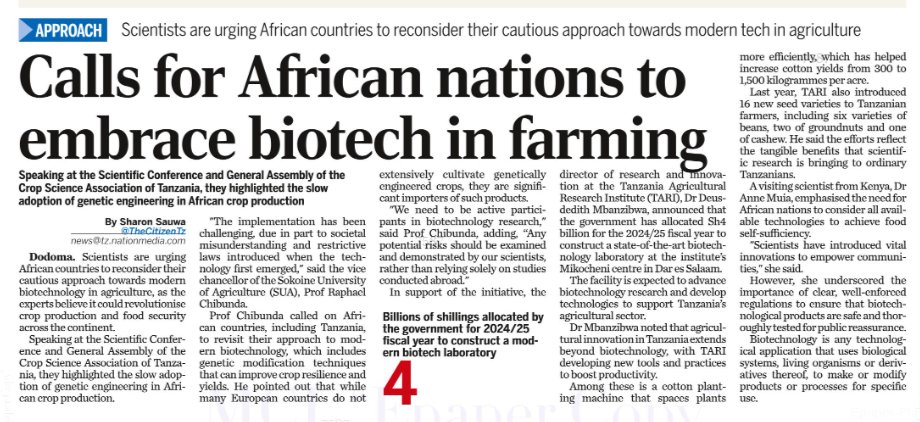 👩‍🔬🌱 Scientists are urging African countries to reconsider their cautious approach towards modern biotechnology in agriculture 🌾, as the experts believe it could revolutionize crop production and boost food security across the continent 🌍🍽️.

<a href="/TheCitizenTz/">The Citizen Tanzania</a>
