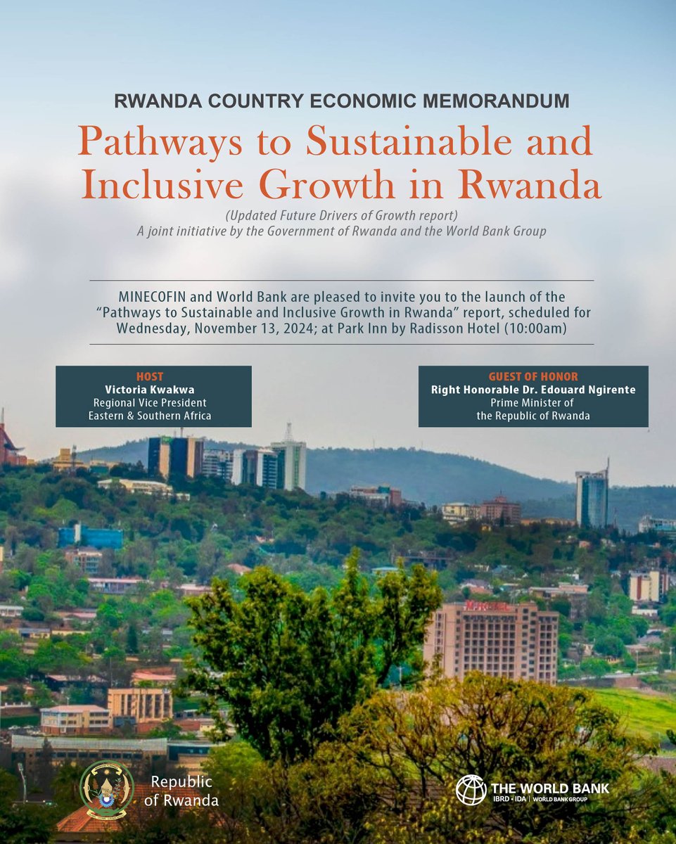 WB_Rwanda's tweet photo. We are now LIVE at Park Inn Hotel for the launch of the Rwanda Country Economic Memorandum, titled “Pathways to Sustainable and Inclusive Growth in Rwanda.”

Join us online using the link below:
https://t.co/43kc8x1eWB

Use #RwandaEconomicDrivers to join the conversation! https://t.co/ePHnKNTNCm