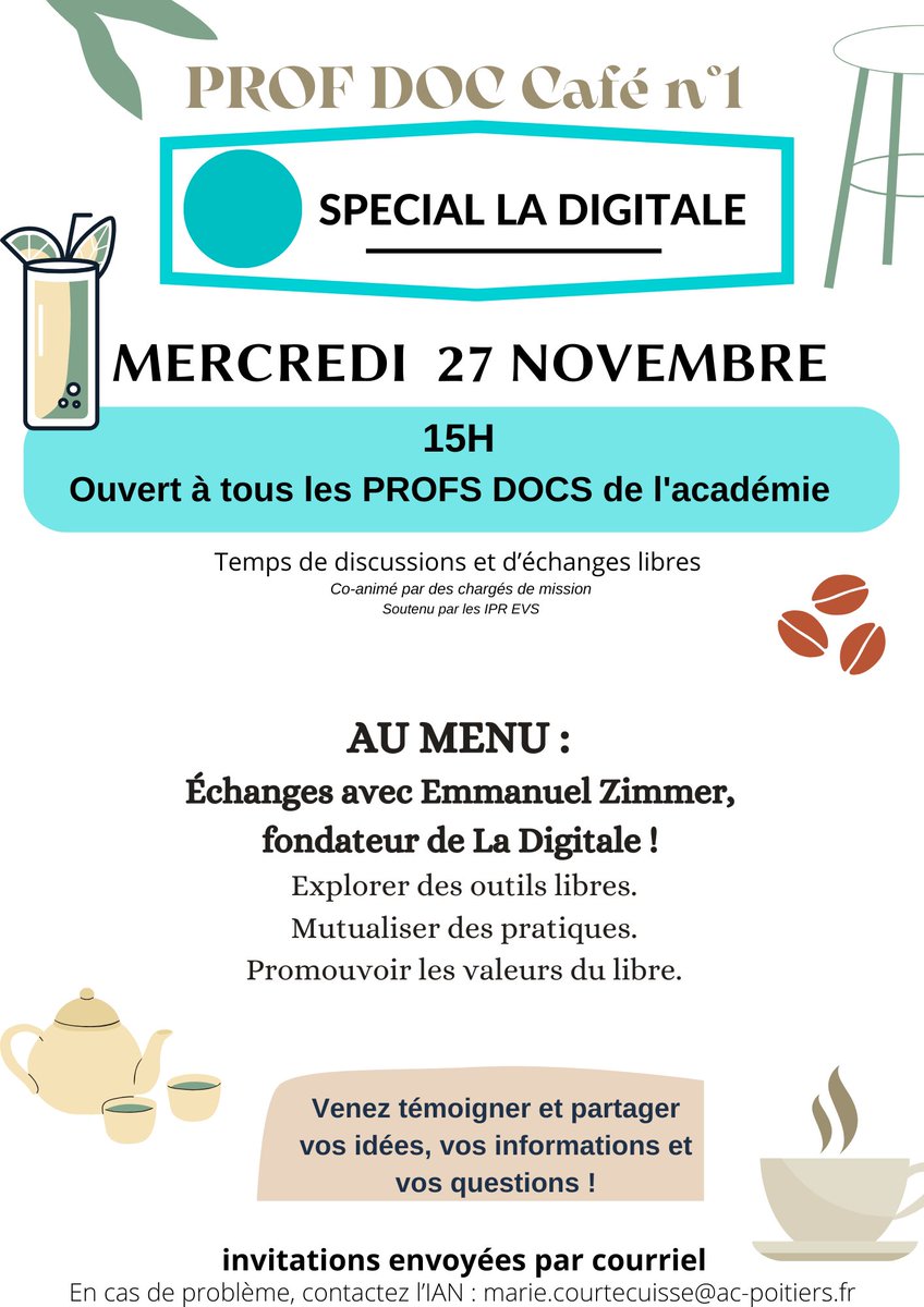 🔔 Ne manquez pas le prof doc café exceptionnel avec Emmanuel Zimmer, fondateur de la Digitale ! 27 novembre à 15h. 🌐 Des outils utilisés quotidiennement par les #profsdocs #EducNum #LogicielLibre
📧 ww2.ac-poitiers.fr/doc/spip.php?a…
<a href="/DanePoitiers/">DANE_Poitiers</a> <a href="/IaEvs/">IA-IPR EVS et CT EVS Académie De Poitiers</a> <a href="/eduscol_DOC/">éduscol Doc</a>