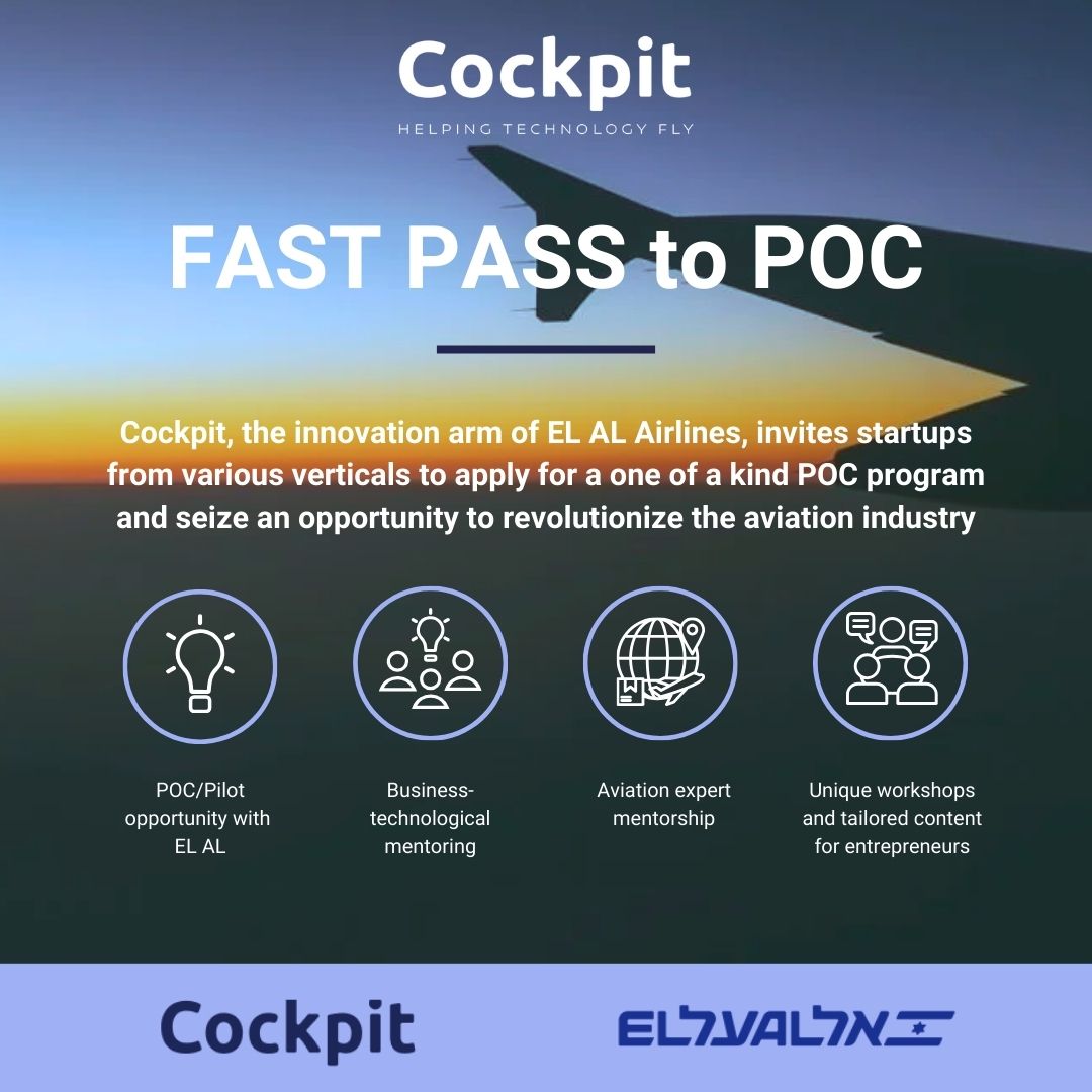 CockpitInnovate's tweet photo. Exciting news! We're welcoming innovative startups from various sectors to join our new "Fast Pass to POC" program with EL AL. Ready to bring your solutions to the aviation industry? Apply now and be part of something transformative✈️
Apply: https://t.co/OVs9qGmqU0
#AviationTech https://t.co/0unu0cm3SO