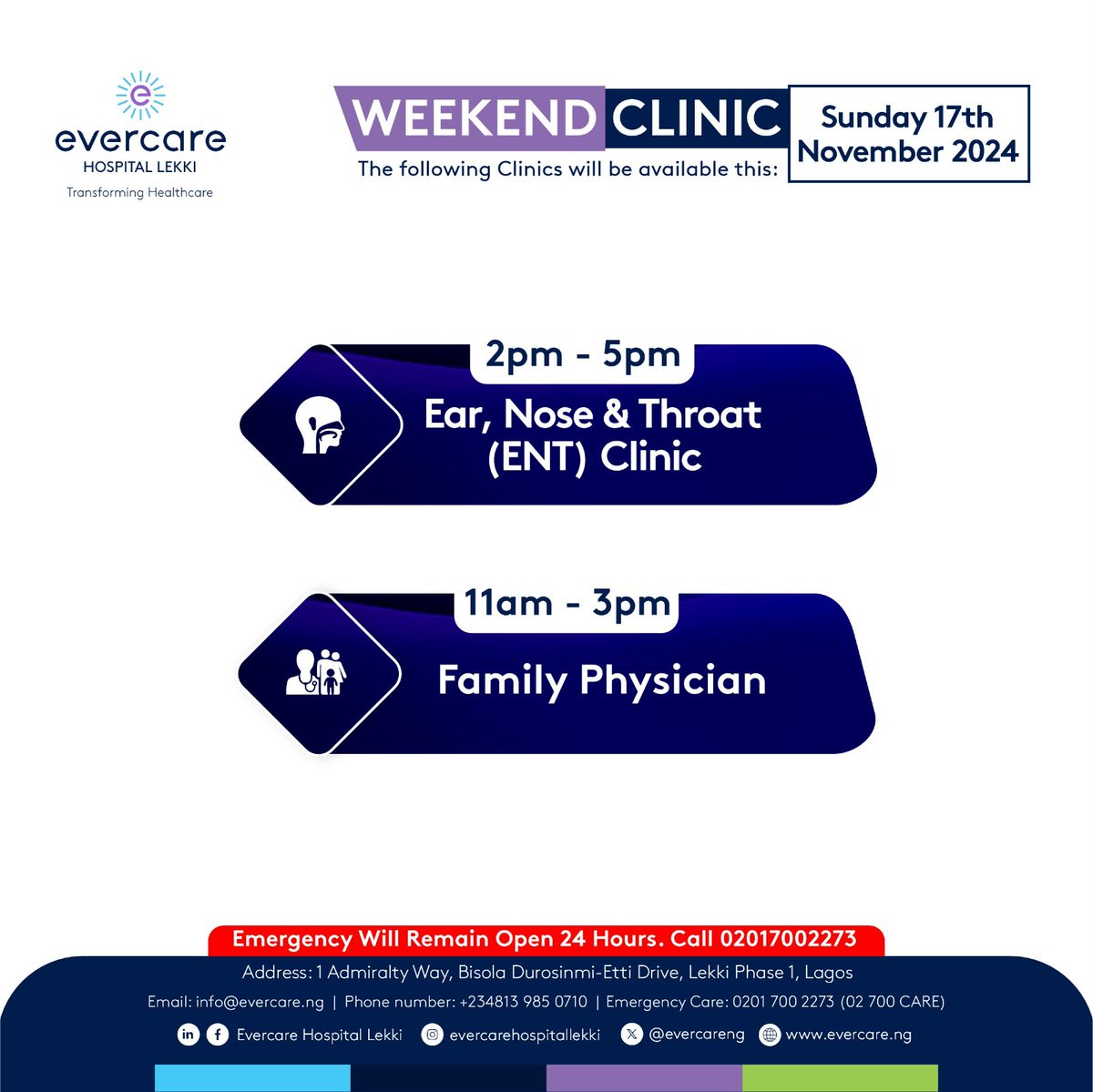 EverCareNG's tweet image. Make Time for Your Health This Weekend!

Our clinics offer personalized care for you with health screenings, preventive plans, and more. 

Plus, our emergency team is here 24/7!

📞Book your visit: 08139850710📷 Email: callcenter@evercare.ng

#YourHealthMatters #WeekendWellness