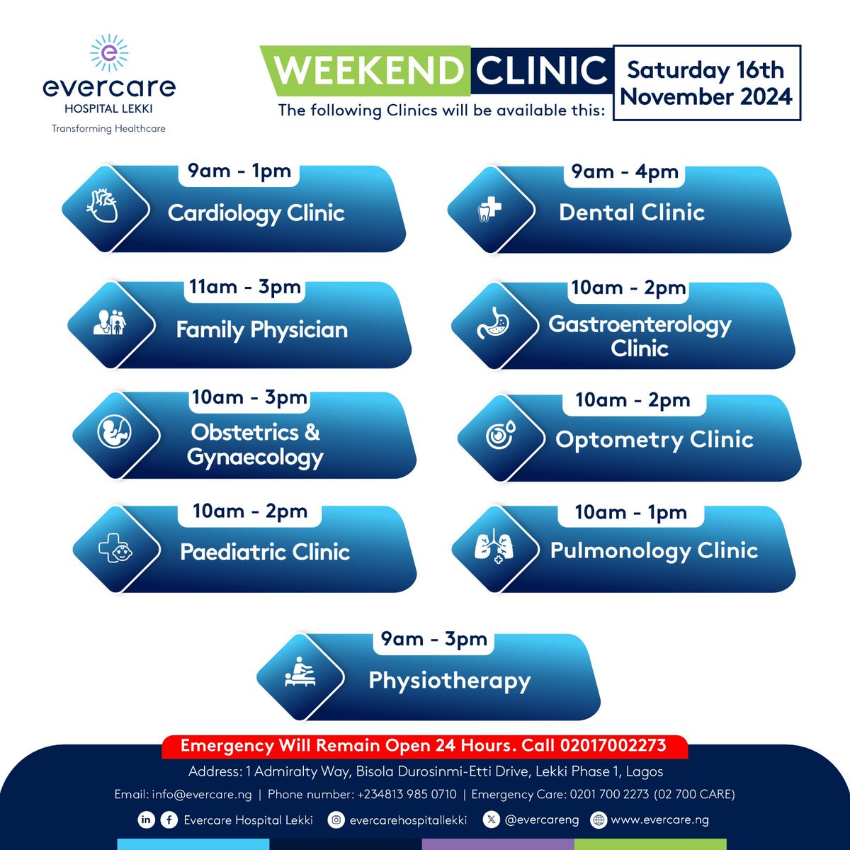 EverCareNG's tweet image. Make Time for Your Health This Weekend!

Our clinics offer personalized care for you with health screenings, preventive plans, and more. 

Plus, our emergency team is here 24/7!

📞Book your visit: 08139850710📷 Email: callcenter@evercare.ng

#YourHealthMatters #WeekendWellness