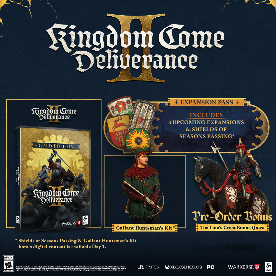 KingdomComeRPG's tweet photo. The Gold Edition awaits, for those with a taste for the finest. Pre-order #KCD2 and get the full adventure, Expansion Pass, and the Gallant Huntsman’s Kit. https://t.co/HJTlp0RFsw