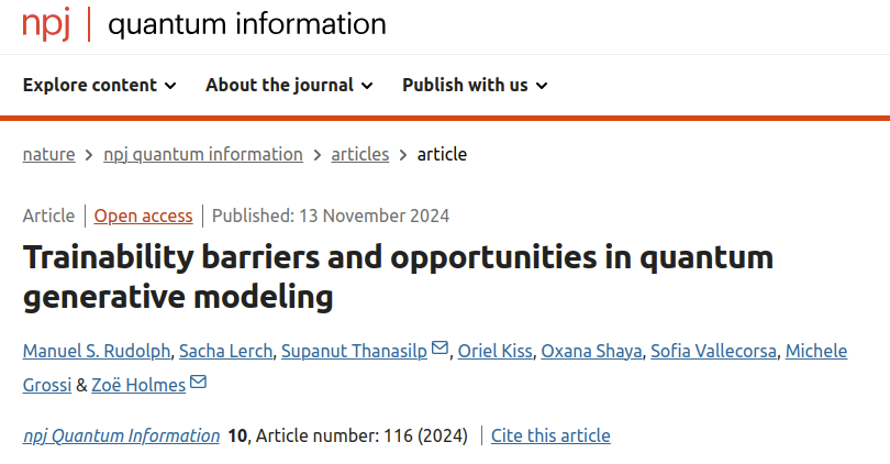 Manuel Rudolph (@quantummanuel) on Twitter photo Our group's work on the trainability of quantum generative models was published today in <a href="/npj/">Peter Brindisi</a> Quantum Information! We establish a framework that categorizes types of generative loss functions, allowing us to prove surprisingly general trainability results. 🧵👇 Our group's work on the trainability of quantum generative models was published today in <a href="/npj/">Peter Brindisi</a> Quantum Information! We establish a framework that categorizes types of generative loss functions, allowing us to prove surprisingly general trainability results. 🧵👇