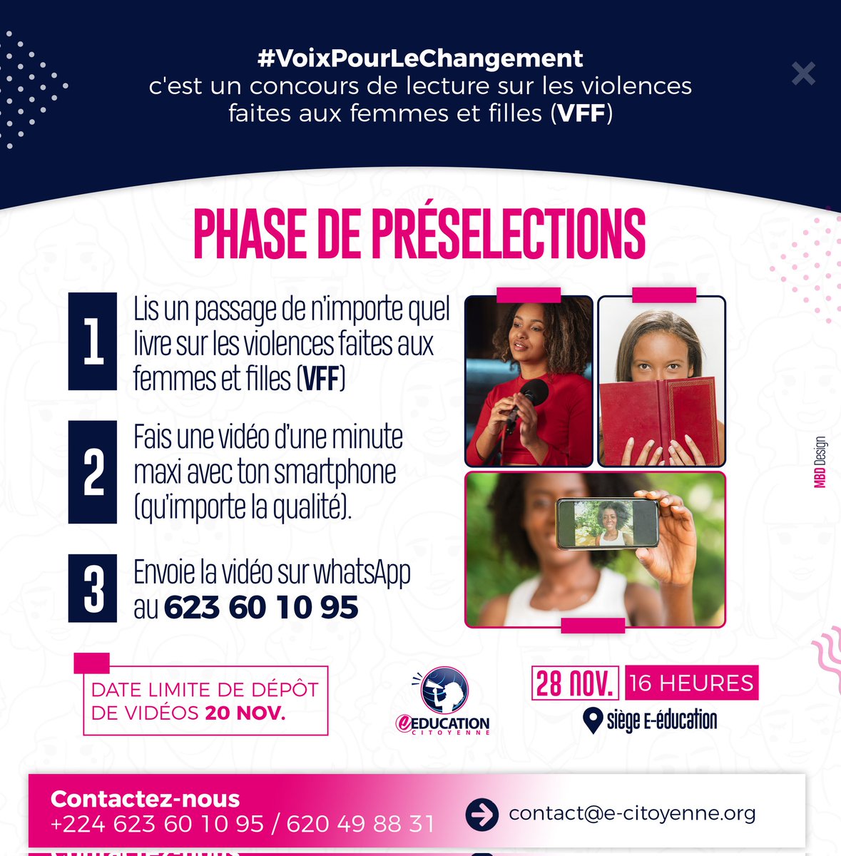 Ne veux-tu pas devenir la championne de la lecture engagée ? 📚✨

Participe au concours #VoixPourLeChangement contre les violences faites aux femmes et filles (VFF) :
1️⃣ Lis un passage d’un livre sur les VFF
2️⃣ Fais une vidéo (1 min max)
3️⃣ Envoie-la au 623 60 10 95