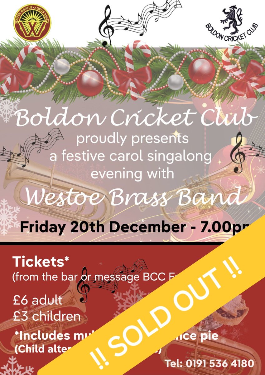 BoldonCC's tweet photo. ⚠️ XMAS BRASS BAND CAROL NIGHT -- SOLD OUT ⚠️

Incredibly, after only a few short days,  we've already hit capacity for the 20th of December ... and the @BoldonCC/ @westoeband evening has SOLD OUT.

More information about the night will be coming in the next few weeks. https://t.co/vDv0YFfMOO