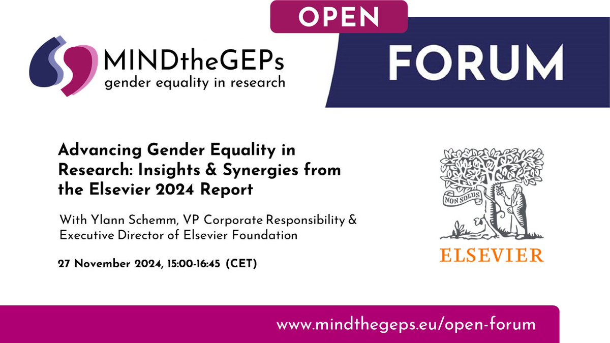 Two weeks to go, don't miss out on our #OpenForum on Advancing #GenderEquality in Research: Insights &amp; Synergies from the Elsevier 2024 Report! 🚀

Read more and register: uu-se.zoom.us/meeting/regist…

<a href="/ElsevierConnect/">Elsevier</a>
