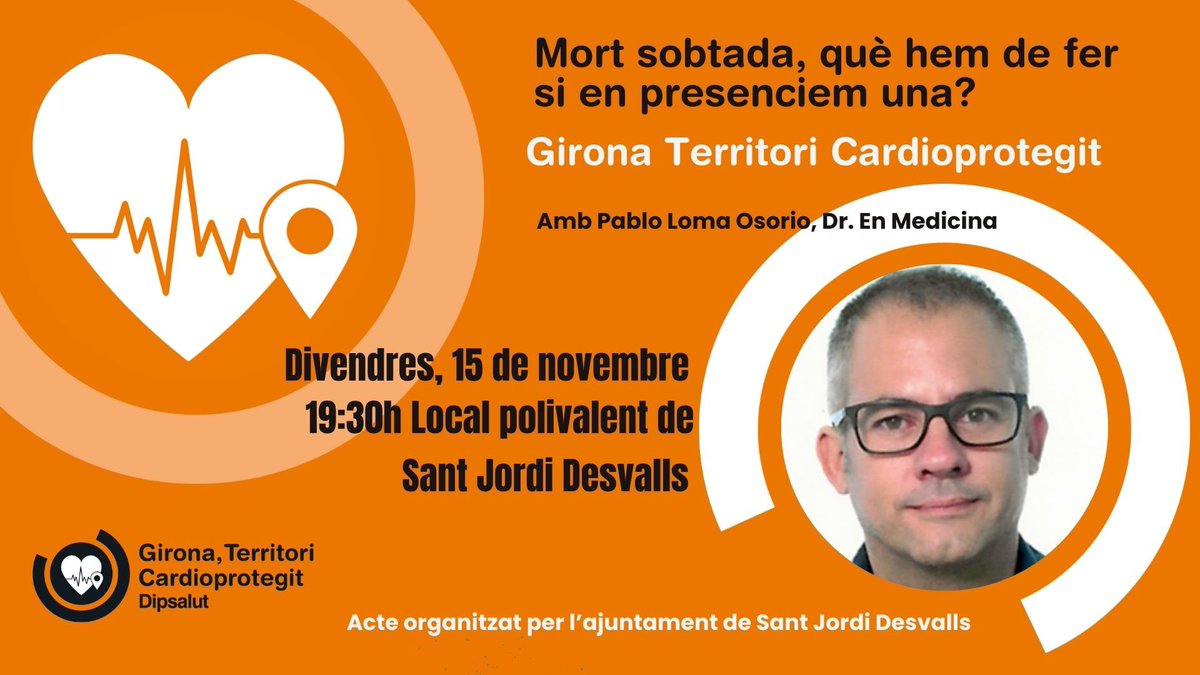 📣 Atenció veïns i veïnes de #santjordidesvalls , aquest divendres, 15 de novembre, el cardiòleg <a href="/plomaosorio/">plomaosorio</a> , membre del comitè científic del programa #gironaterritoricardioprotegit de #dipsalut fa una conferència que no us podeu perdre!

📍Acte organitzat per <a href="/AjuntamentSJD/">Ajuntament de Sant Jordi Desvalls</a>